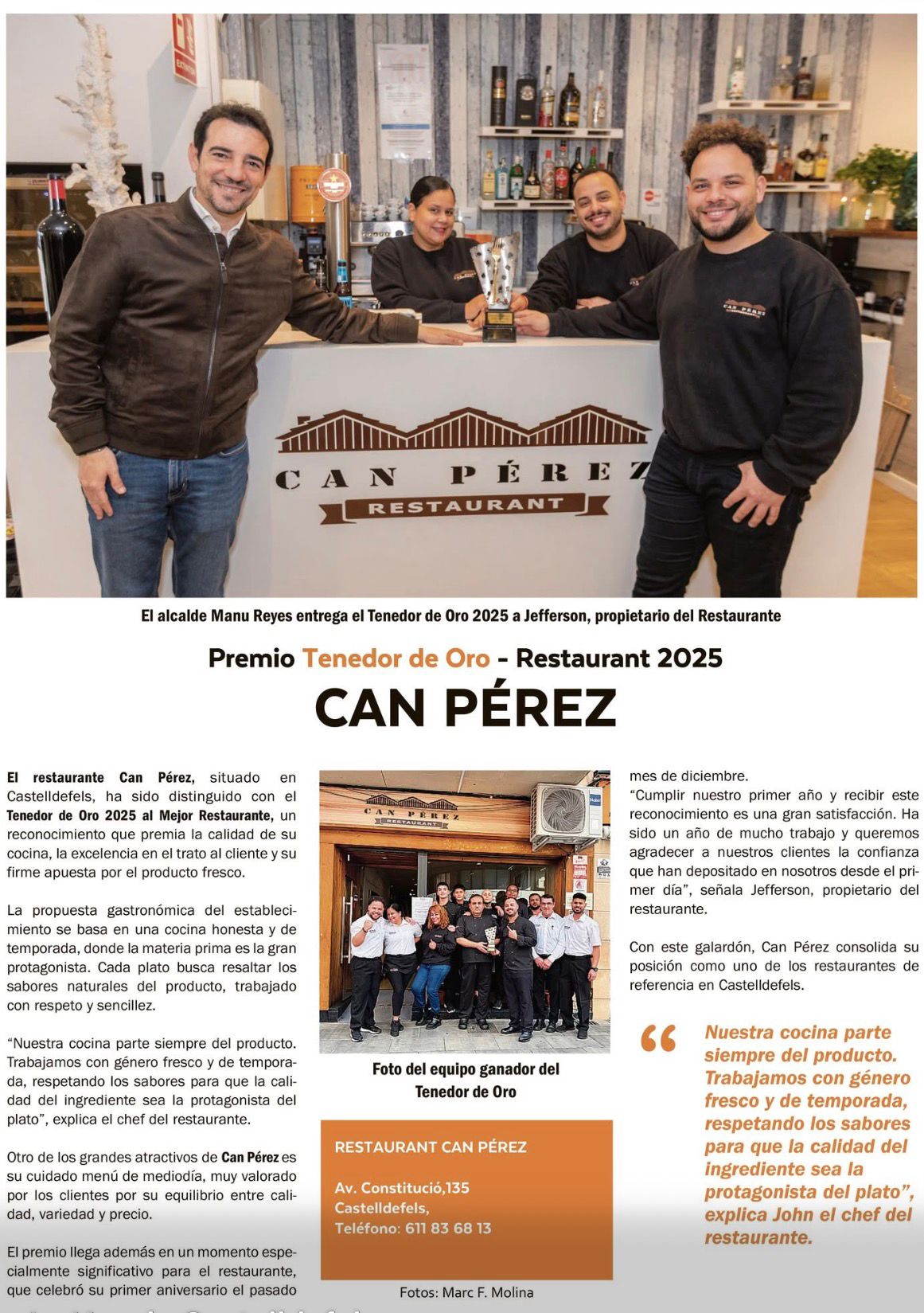 El alcalde de Castelldefels entrega el Tenedor de Oro 2025 a Jefferson, propietario de Can Pérez